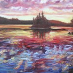 CLOUD, CLOUDS REFLECTED ON LAKE AT SUNSET, LINDA WOOLVEN, OIL PAINTING, SUNSET