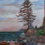CANADA, LANDSCAPE, LINDA WOOLVEN, OIL PAINTING, ONTARIO, PINE ON ROCKS AT SUNSET
